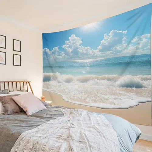 Miniatura 17 de LB Tapiz de hongos para colgar en la pared, luna y estrella en beige, tapiz de pared para dormitorio, estética de planta verde, arte de pared