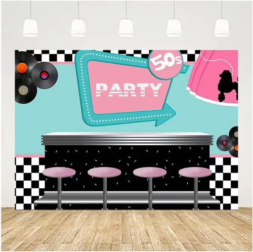 Miniatura 2 de 50's Soda Shop - Telón de fondo de vinilo para fiestas de regreso a los años 50, 5 x 3 pies con temática de los años 50, cartel para sesión de fotos