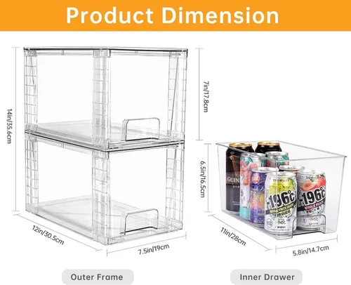Miniatura 3 de Paquete de 2 cajones apilables grandes, organizadores de cajones de acrílico transparente con asas, fácil de montar para debajo del fregadero, baño