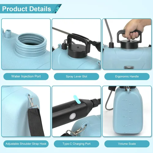 Miniatura 5 de SZHLUX Pulverizador a batería de 1.35 galones, pulverizador eléctrico mejorado con mango USB, varita telescópica, 3 boquillas de niebla y correa
