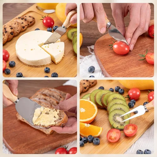 Miniatura 5 de Linwnil Juego de cuchillos de queso para tablero de charcutería, cuchillo de acero inoxidable con mango de madera, cortador de queso Acacia-6 piezas