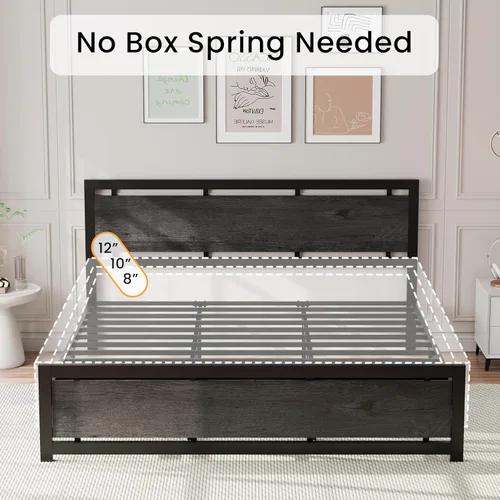 Miniatura 7 de LIKIMIO Base de cama King con cabecero y estribo, soportes fuertes de metal, fácil montaje, sin ruido, no necesita somier, gris carbón