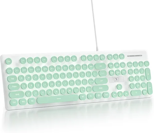 Miniatura 15 de Teclado de máquina de escribir retro con cable, teclado silencioso de computadora iluminado con 104 teclas redondas de tamaño completo, Azul