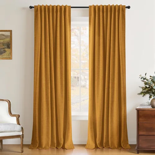 Miniatura 22 de INOVADAY Cortinas 100% opacas de 63 pulgadas de largo, juego de 2 paneles de lino con pestaña trasera, bolsillo para barra, cortinas opacas