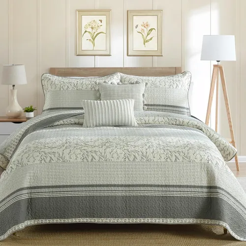 Juego de cama tamaño queen con colcha gris y blanca, diseño floral vintage de granja, fundas a juego, 3 piezas, 100% algodón, colcha ligera para