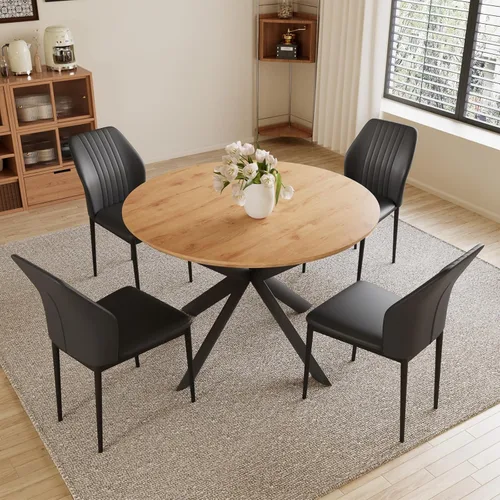 Miniatura 14 de HIPIHOM - Mesa de comedor redonda extensible de 43.2"-59.1", mesa redonda moderna de madera de mediados de siglo, mesa de café de roble para ocio