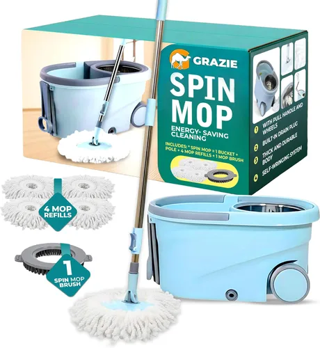 Miniatura 8 de Grazie Juego de trapeador giratorio y cubeta – Sistema de autoescurriente de 360°, mango de acero inoxidable – Limpieza de suelos manos libres