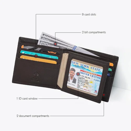 Miniatura 3 de Cartera para bolsillo frontal, bloqueo RFID, de piel, plegable, con ventana de identificación, para hombre