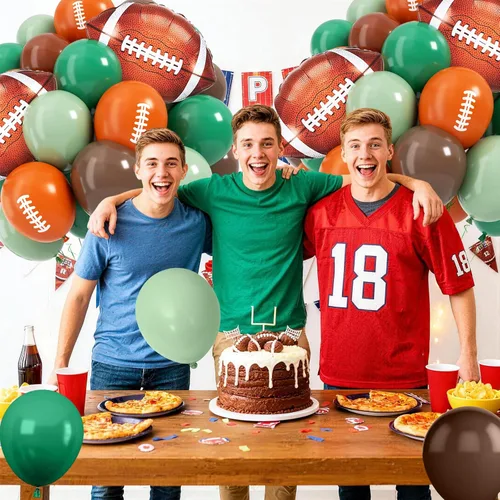 Miniatura 4 de Globos de fútbol, globo de látex marrón salvia de 12 pulgadas con globos de papel de aluminio impresos de fútbol, decoraciones de fiesta de fútbol