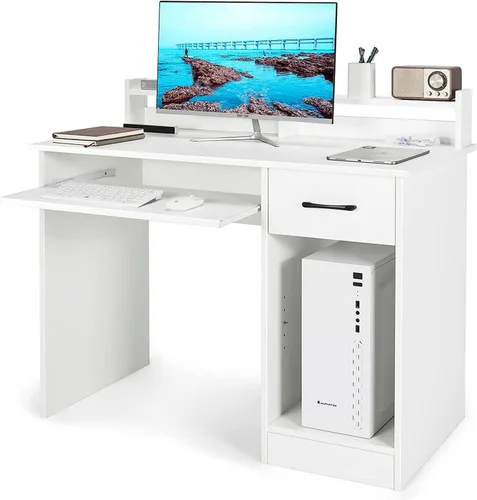 Miniatura 9 de Tangkula Escritorio para computadora con cajón y bandeja para teclado, escritorio de estudio moderno con gabinete de escritorio y estantes