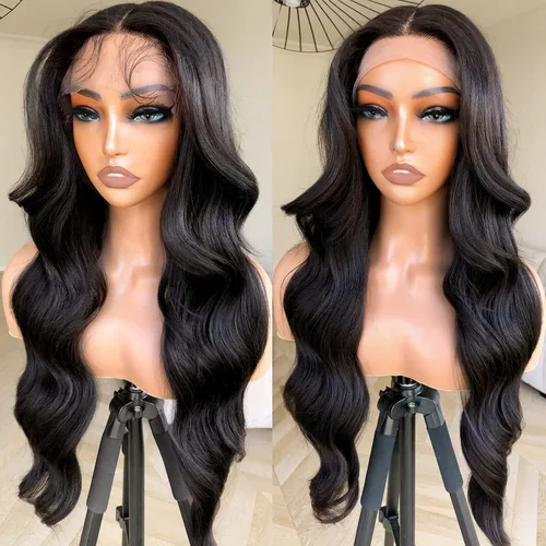 Miniatura 13 de Peluca de encaje frontal de 14 pulgadas con cuerpo ondulado de encaje HD, pelucas sin pegamento de cabello humano preestilizadas y precortadas, Negro