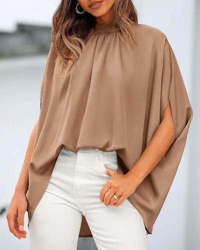 Miniatura 148 de BTFBM Blusas de verano para mujer, cuello alto falso, manga murciélago, holgadas, dobladillo alto y bajo, blusas informales de gran