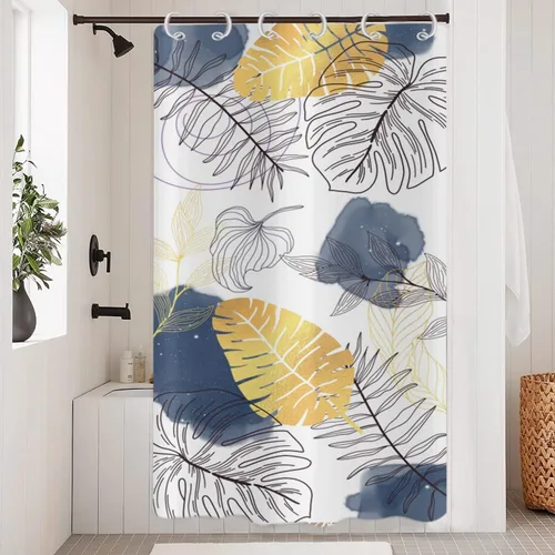Miniatura 27 de Cortina de ducha bohemia y chic, cortina de baño moderna con hojas tropicales abstractas y ramas botánicas doradas, para decoración del hogar, tela