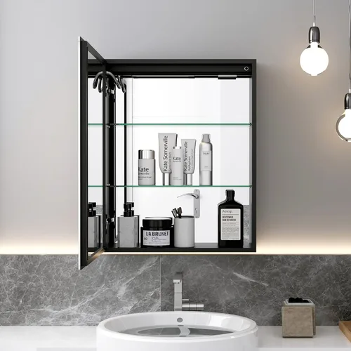 Miniatura 2 de Botiquín de baño con espejo, armario de baño LED de 20 x 26 pulgadas montado en la pared, espejo de tocador de baño con botón táctil, espejo