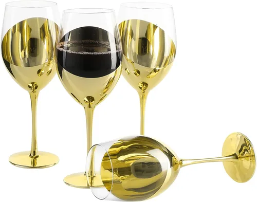 Miniatura 7 de MyGift Juego de 4 copas de vino de latón moderno con tallo largo para vino blanco o tinto con elegante diseño angular Latón (juego de 4)