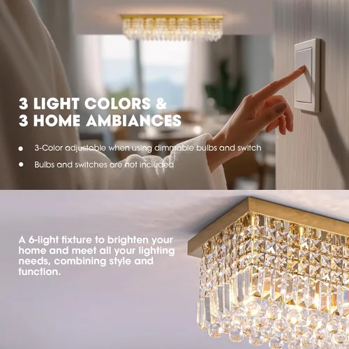 Miniatura 3 de Candelabros Modernos de Cristal para Lámpara de Comedor, Candelabro de Techo Rectangular Dorado de 6 Luces para Isla de Cocina y Sala de Estar