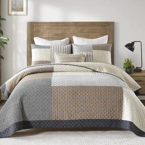 Finlonte Colcha Tamaño King 100% Algodón Ligera Suave Colcha King de Patchwork Real a Cuadros Acolchada Cubrecama Marrón Beige Gris Colcha