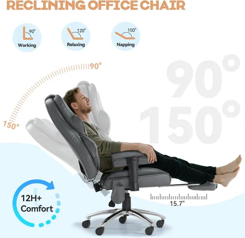 Miniatura 4 de Silla de oficina de masaje con reposapiés, silla de oficina ergonómica con calefacción ejecutiva con respaldo reclinable, brazos ajustables y Gris