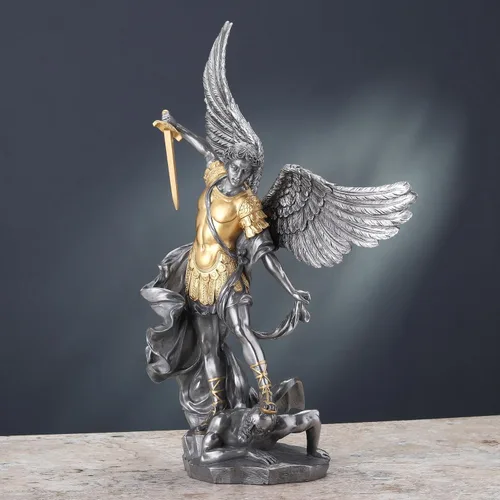 Miniatura 5 de Veronese Design 14 5/8 pulgadas Saint Michael pisotea la escultura de resina de demonio fundido en frío estatua de acabado de peltre
