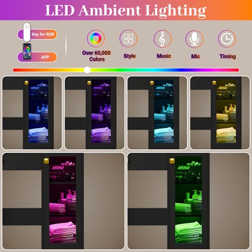 Miniatura 3 de Thacuok Tocador de maquillaje negro con espejo y luces, tocador de 34 pulgadas de ancho con estación de carga y gabinete de vidrio RGB, pequeño