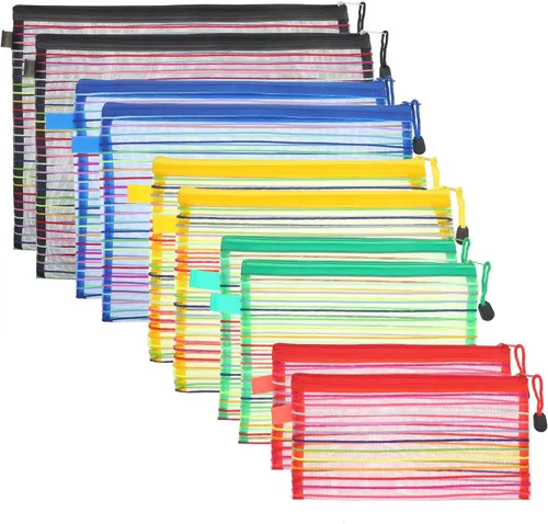 HESTYA 10 piezas de bolsas de malla con cremallera para organizar, 5 tamaños, 5 colores, bolsas grandes y pequeñas a granel, monedero para