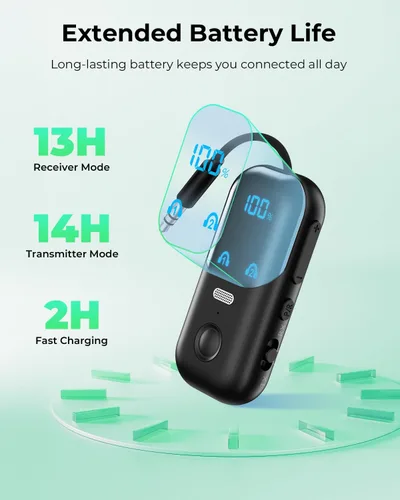 Miniatura 4 de Receptor transmisor Bluetooth 5.4 aptX adaptativo para 2 AirPods/auriculares, adaptador de audio Bluetooth 2 en 1 con micrófono y pantalla LED