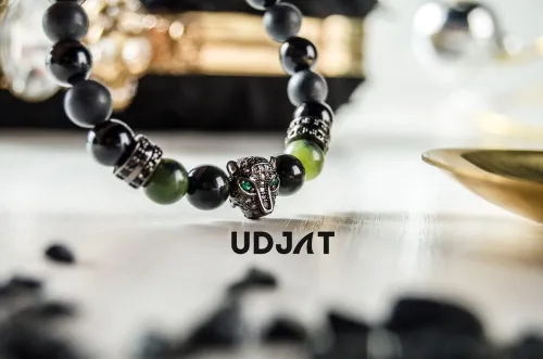 Miniatura 6 de Udjat Pulsera de cabeza de leopardo de pantera negra de la suerte, jade elástico hecho a mano, pulseras de chakras para mujer, pulsera de jade