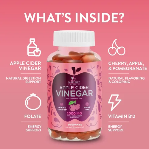 Miniatura 6 de Gomitas de vinagre de sidra de manzana, 1000 mg por porción, suplemento de vitaminas ACV sin azúcar, vitamina B12 y B6 para energía, soporte