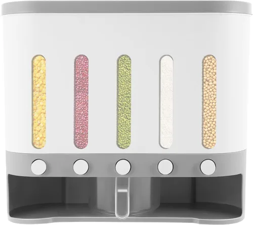Dispensador de arroz con taza, dispensador de alimentos secos de 5 rejillas montado en la pared, cubo de arroz, contenedor de almacenamiento de