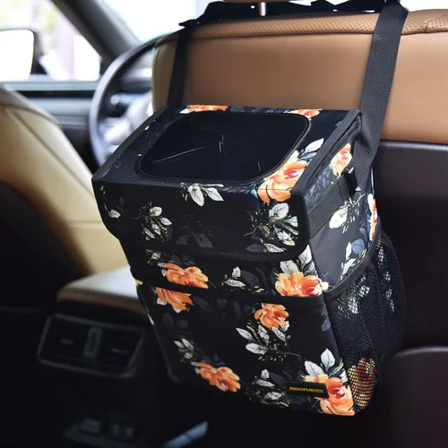 Miniatura 7 de SIBOFUEGO Bonito bote de basura para automóvil con tapa, contenedor de basura plegable multiusos para automóvil, organizador a prueba de fugas, bote