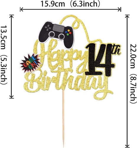 Miniatura 2 de 1 PCS Decoración para Pastel de Videojuegos Feliz Cumpleaños 14 con Purpurina, Palillo Decorativo de Pastel de Videojuegos Game On Controladores