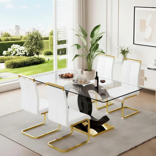 Miniatura 16 de Juego de mesa de comedor de cristal de 63 pulgadas para 6, juego de mesa de comedor moderno para 6, mesa de vidrio templado con patas negras