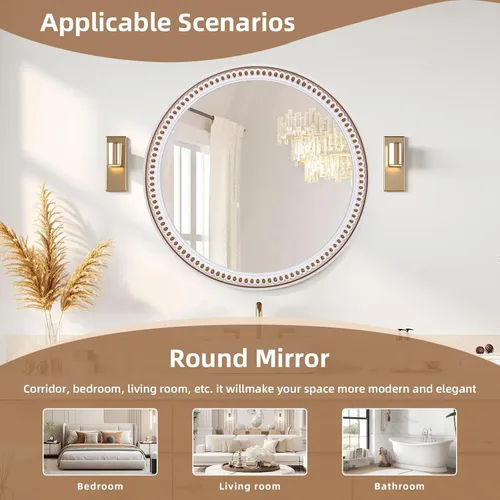 Miniatura 4 de HOITUZYUS Espejo redondo rústico de madera de 24 pulgadas para decoración de pared Espejos decorativos circulares para baño sobre fregadero