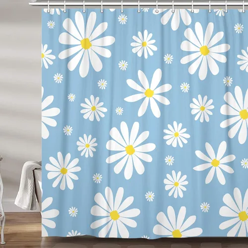 Miniatura 11 de Cortina de ducha con diseño floral de margaritas azules para caravana, remolque, baño, lindo juego de cortinas de ducha de tela estrecha y corta