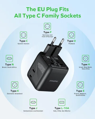 Miniatura 6 de MOMAX Mini Adaptador Universal de Viaje Mundial, 2 AC, Adaptador de Enchufe de Viaje Europeo Completo Reino Unido, Elementos Esenciales de Viaje