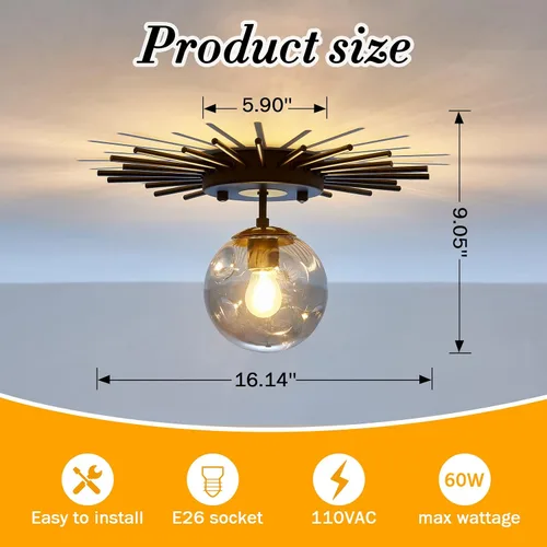 Miniatura 2 de UOFUS Lámpara de techo pequeña de montaje empotrado negra con globo de cristal Sputnik Starburst 1 luz cerca de techo para pasillo, comedor, Negro