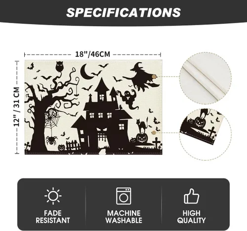 Miniatura 5 de Artoid Mode Juego de 4 manteles individuales espeluznantes de Halloween de 12 x 18 pulgadas, diseño de casa embrujada, árbol, fantasma, bruja