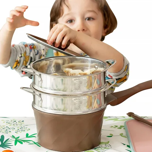 Miniatura 5 de STOBAZA Cesta de vapor de acero inoxidable de 8.66 pulgadas con doble asa, estante de vapor de alimentos para albóndigas, bollos de cocina