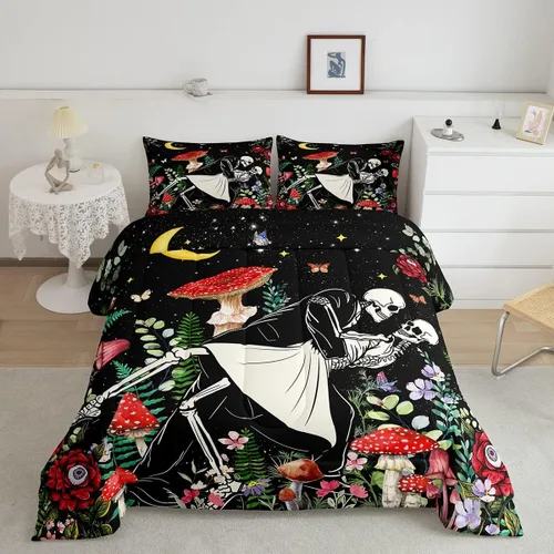 Miniatura 31 de Juego de edredón de champiñones para niños, tamaño individual, juego de ropa de cama romántica con sol, luna, cielo estrellado y galaxia, decoración