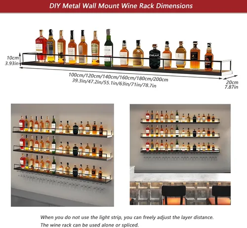 Miniatura 2 de Estante de metal para vino montado en la pared con luces LED, estantes flotantes de bar de 3 niveles con estante para copas de vino, estante grande
