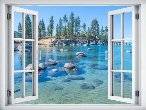 Miniatura 2 de wall26 Adhesivo mural removible para pared, vista de ventana, vibrante temporada de verano, bosque, lago vibrante, naturaleza, desierto, fotografía