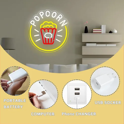 Miniatura 5 de Symone Letrero de neón de palomitas de maíz, luz LED de neón regulable alimentada por USB, decoración de cine en casa, para fiestas temáticas
