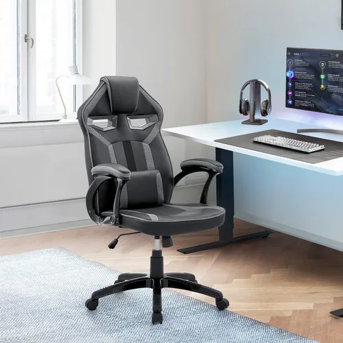 Miniatura 2 de Armen Living Aspect - Silla ajustable para juegos de carreras en piel sintética negra y malla gris oscuro con almohada de apoyo lumbar