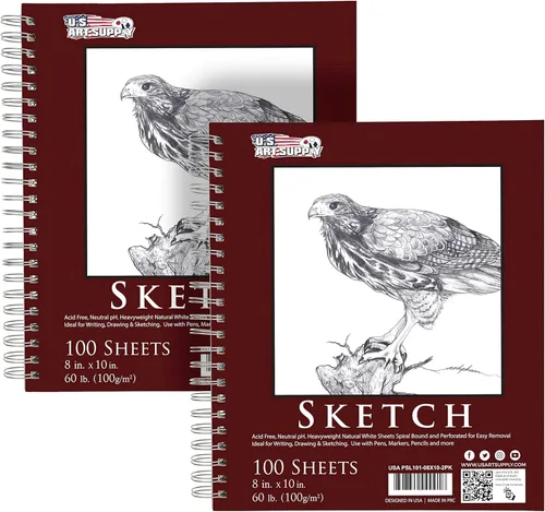 U.S. Art Supply Bloc de bocetos de 8 x 10 pulgadas, paquete de 2 (100 hojas cada uno), encuadernado en espiral de 60 libras (3.53 oz/m²), bloc de
