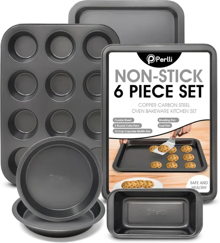Miniatura 9 de Perlli Juego de 10 moldes para hornear antiadherentes de acero al carbono, gris para horno, 2 hojas de galletas, 2 moldes redondos para pasteles