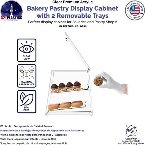 Miniatura 3 de Marketing Holders Cubo de exhibición de pastelería con puerta de 10.25 x 11.5 x 11 pulgadas para productos horneados con 2 bandejas extraíbles