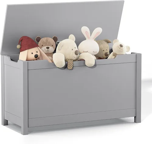 Miniatura 9 de Cofre de juguetes de madera, caja de juguetes para niños, muebles para sala de juegos, banco con tapa con bisagras de seguridad, organizador de Gris