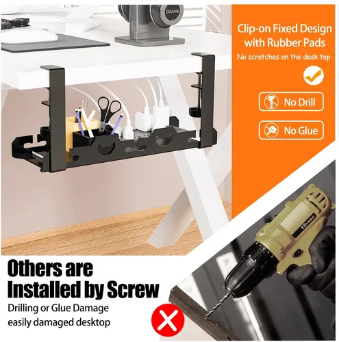 Miniatura 6 de BYMECOST Bandeja de gestión de cables doble sin taladrar debajo del escritorio, extensible de acero resistente para debajo del escritorio, bandeja