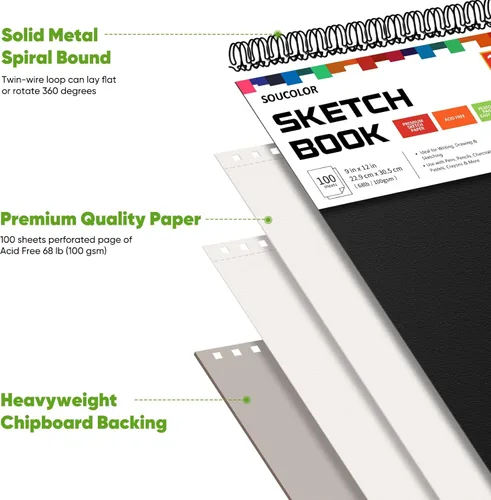 Miniatura 2 de Soucolor - Cuaderno de bocetos de 9 x 12 pulgadas, paquete de 4 de 100 hojas, encuadernado en espiral, libre de ácido (68 libras/100 g/m²), papel
