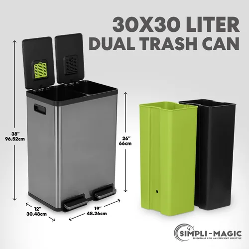 Miniatura 3 de SIMPLI-Magic Elegante bote de basura negro con pedal de 16 galones (60 litros), cubo de basura de cocina de doble compartimento con contenedores